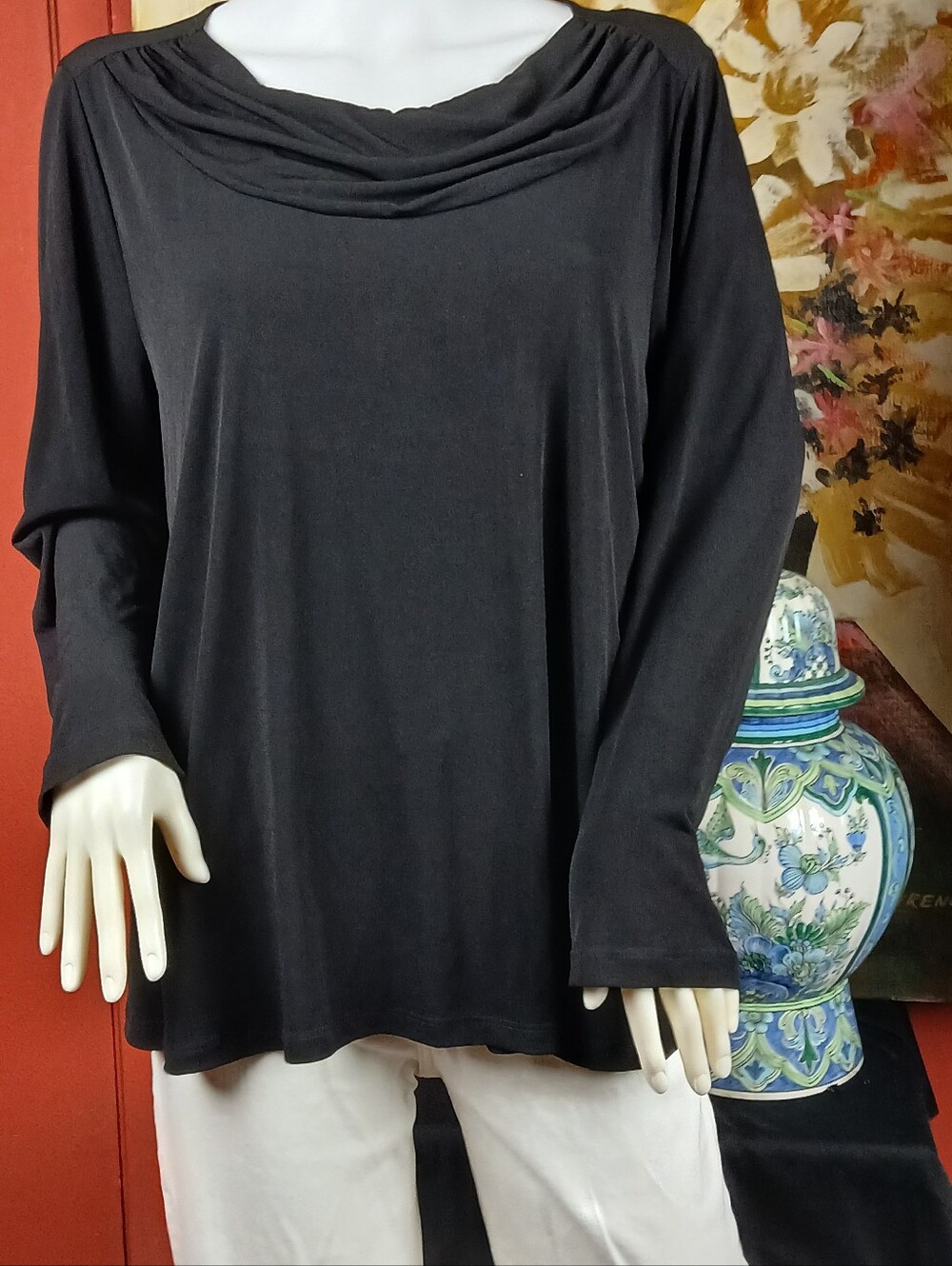 Women's Black Long-Sleeve Drape Neck Top